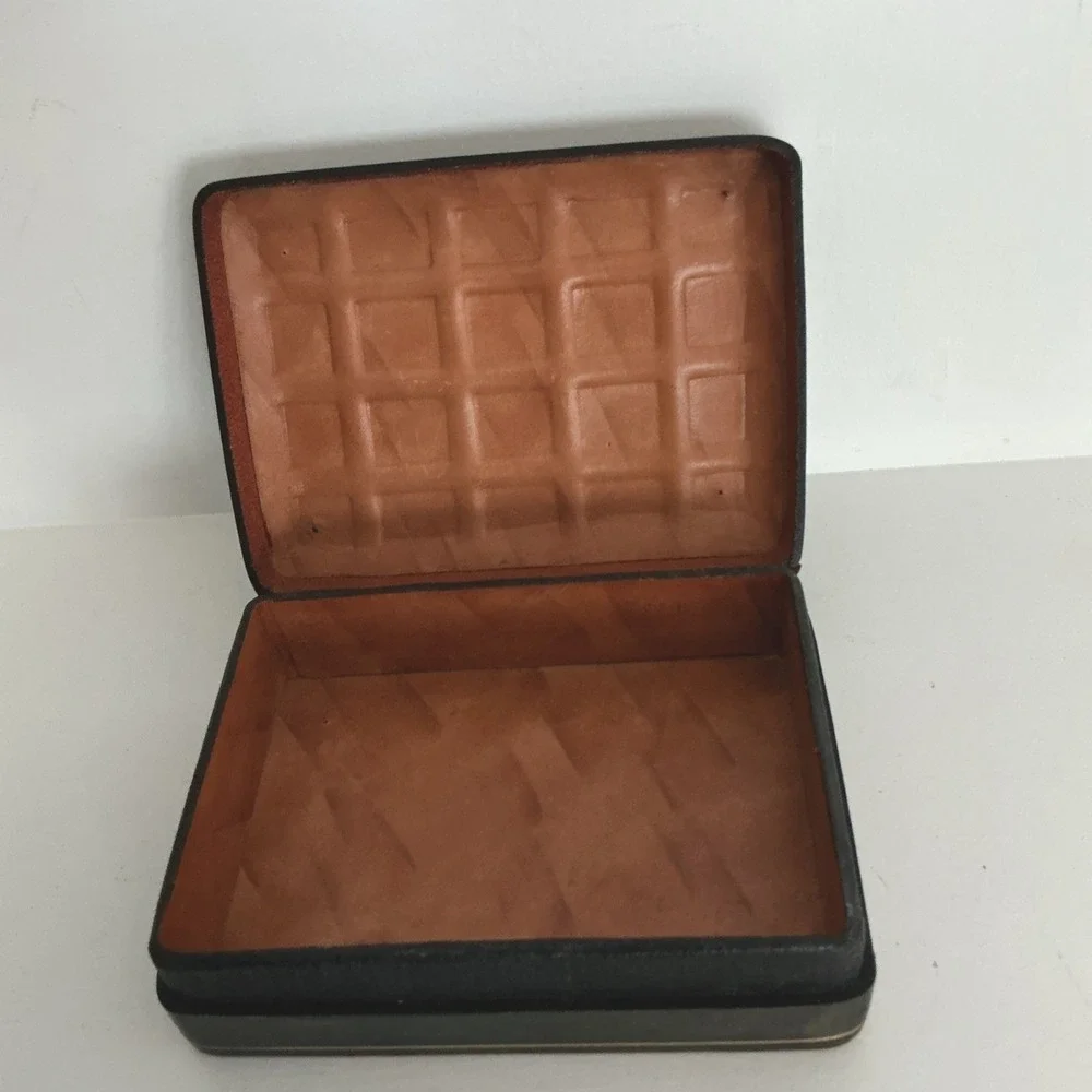 Vtg Italian Leather Jewelry Trinket Box Fleur de lis 5.5